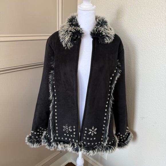 Montanaco Black Faux Suede Fur Jacket Womens L Gem Studs Trim Boho Western Style - Picture 2 of 8